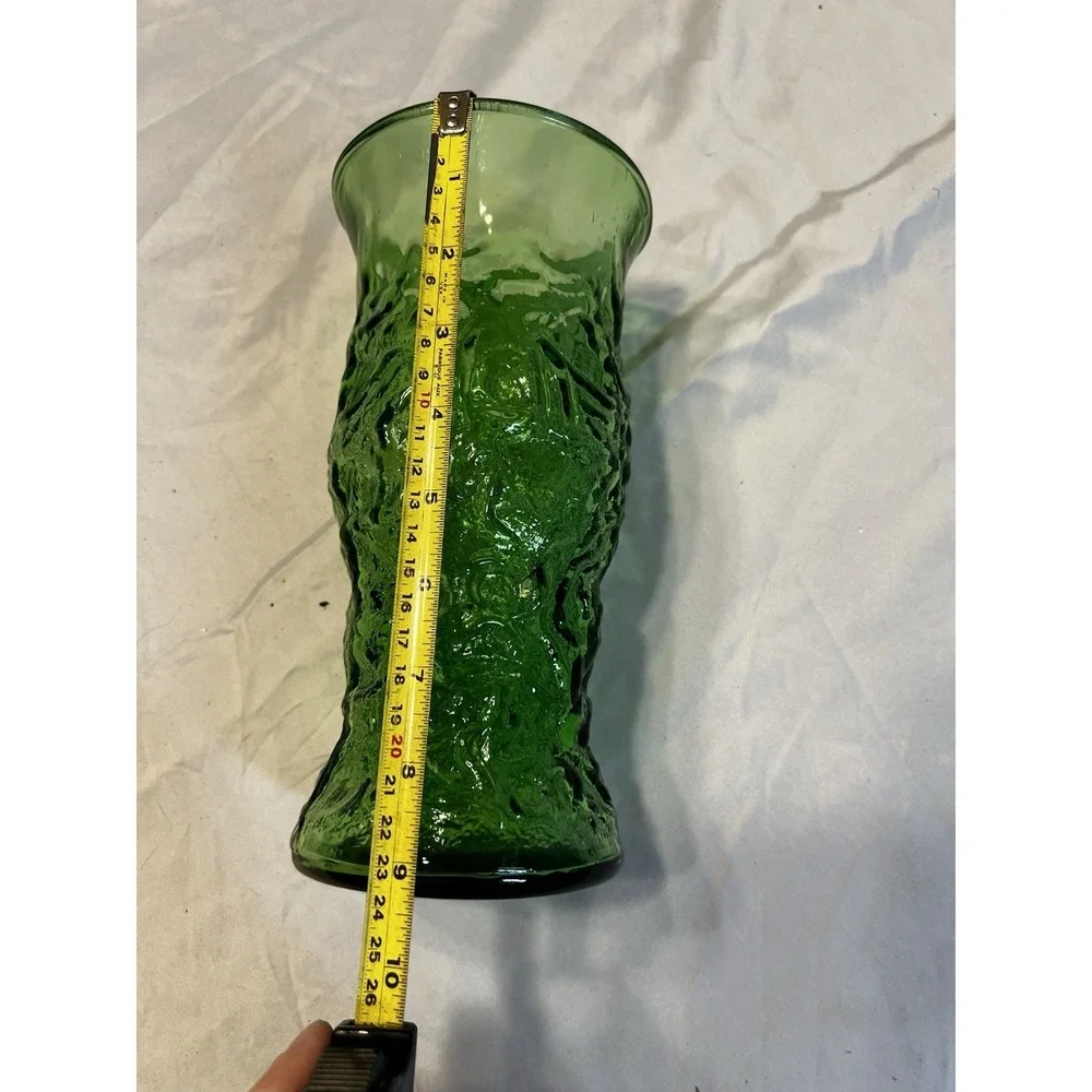Vintage Emerald Green Textured Bark‎ Glass Vase Mid Century Modern 9.5 Inch